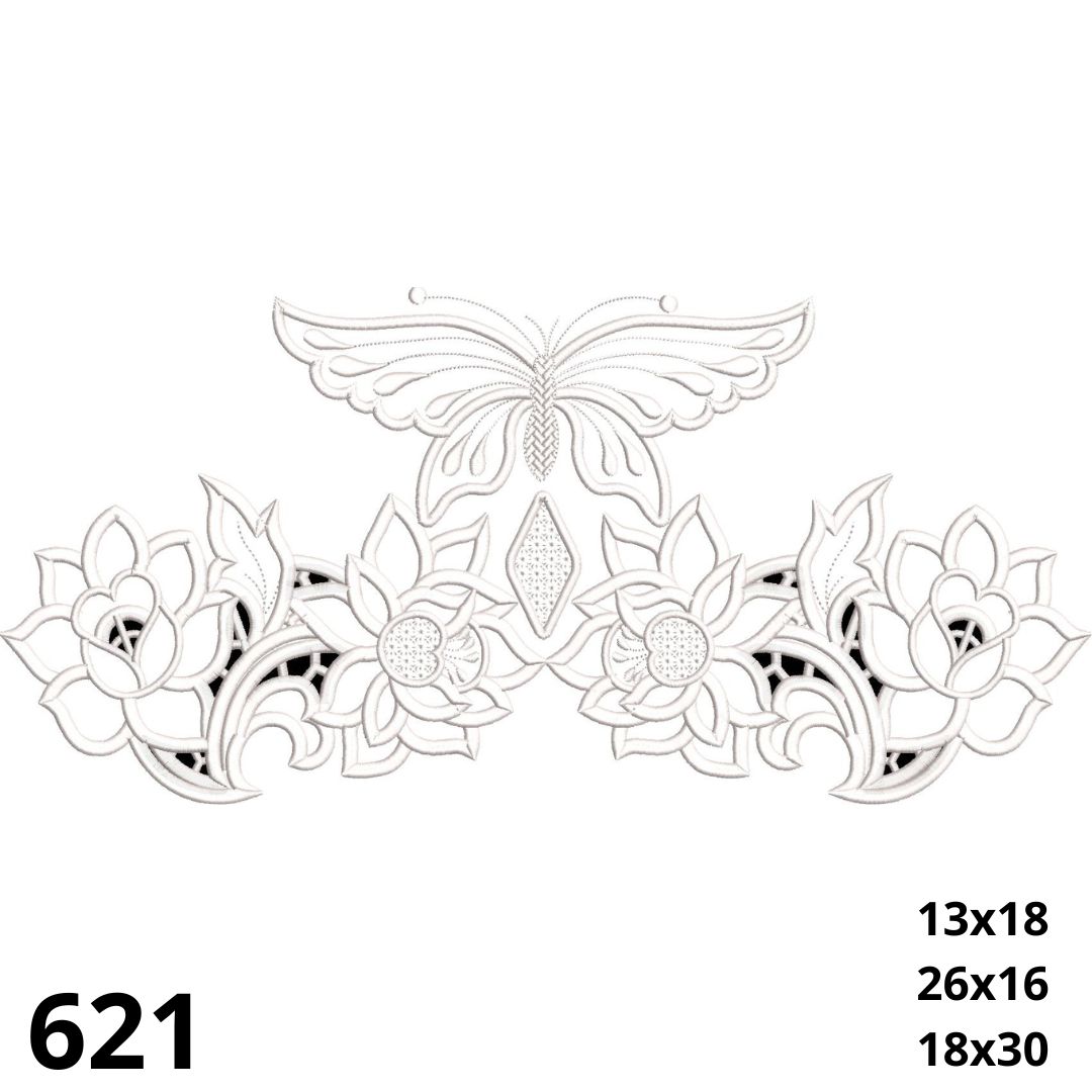 Matriz de bordado floral e borboleta em richelieu cutwork