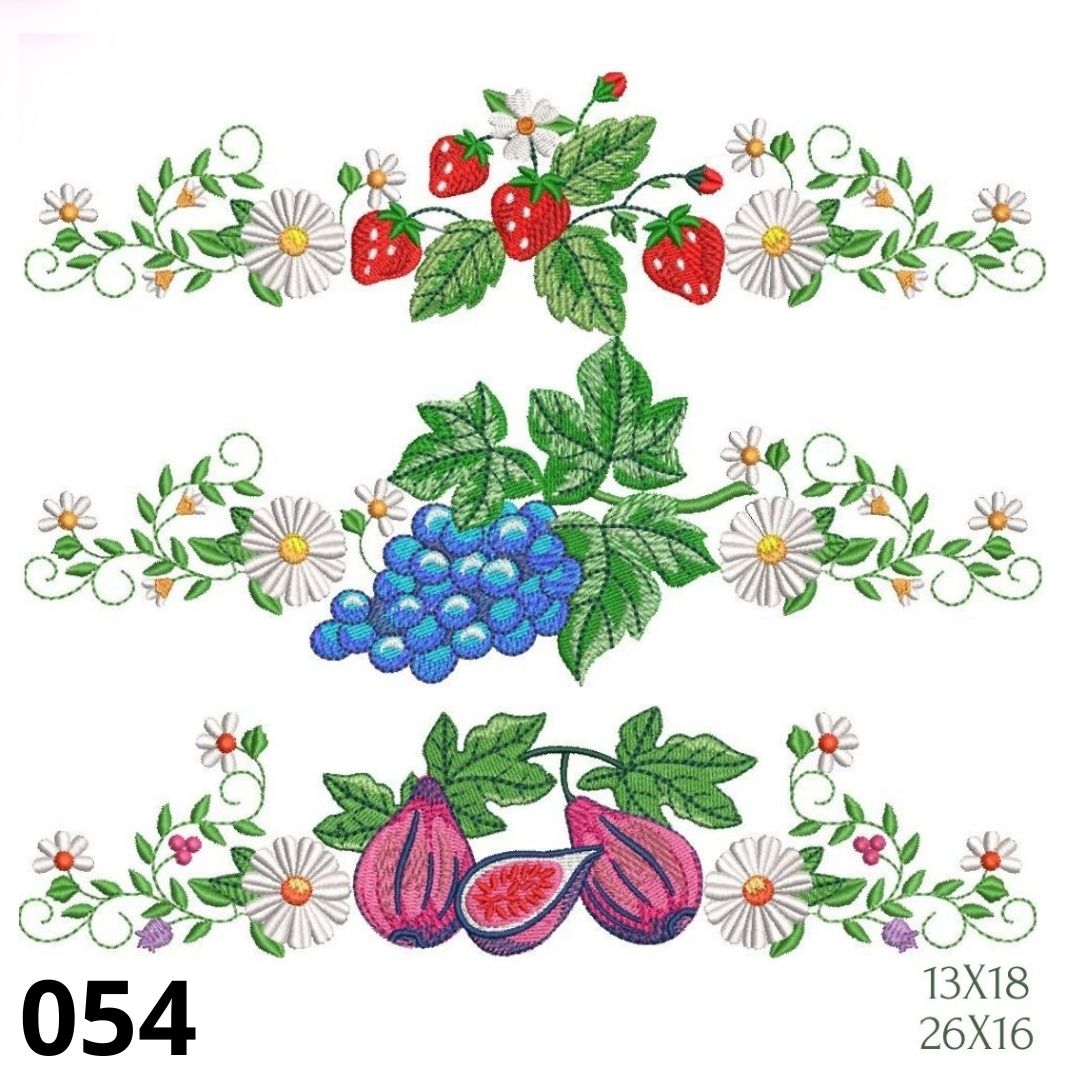 Matriz de bordado trio barrado frutal uva moranguinhos figo