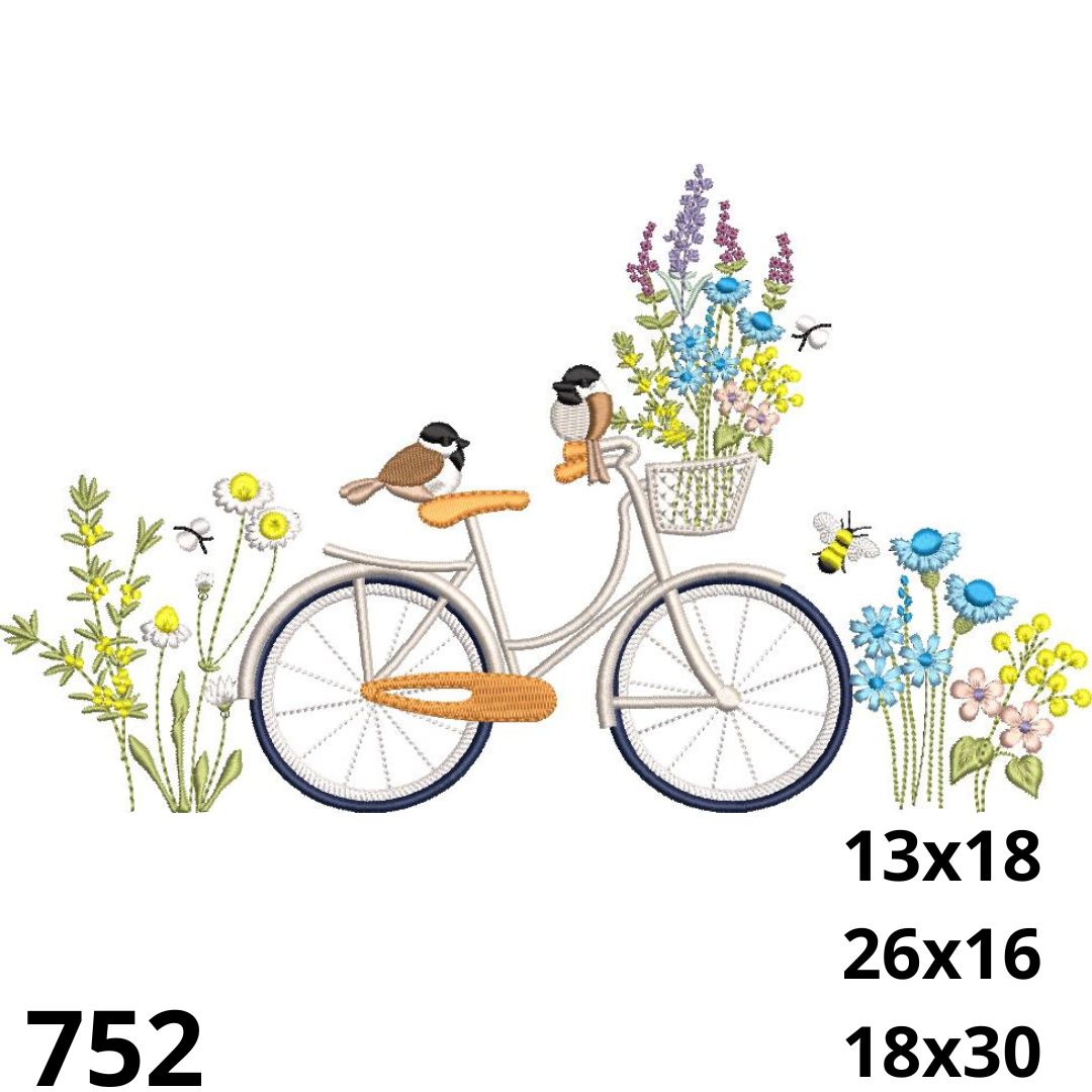Matriz de bordado Bicicleta passarinhos e flores