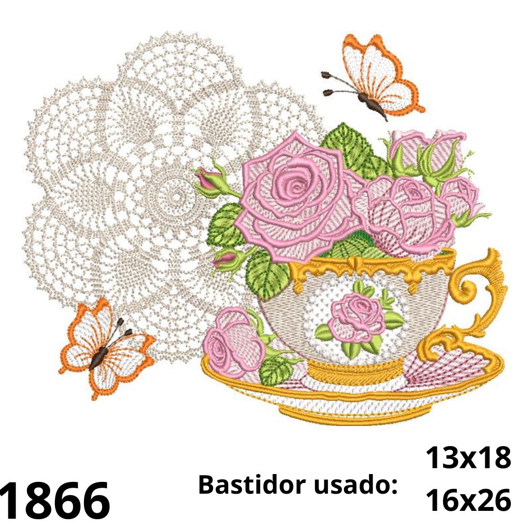 Matriz de bordado com Crochet e xicara com rosas