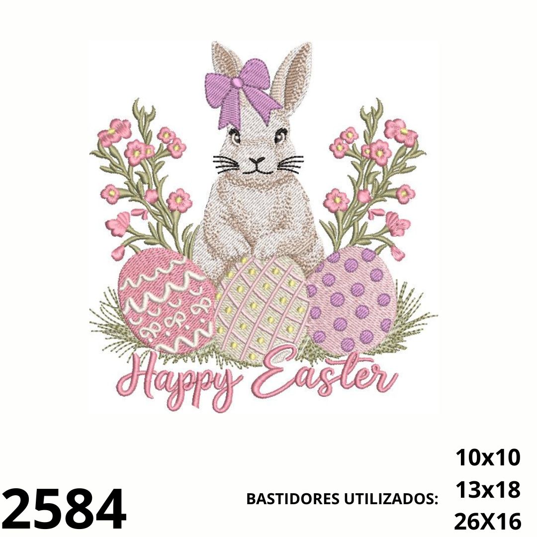 Matriz de bordado coelho e lacinho rosa Happy Easter