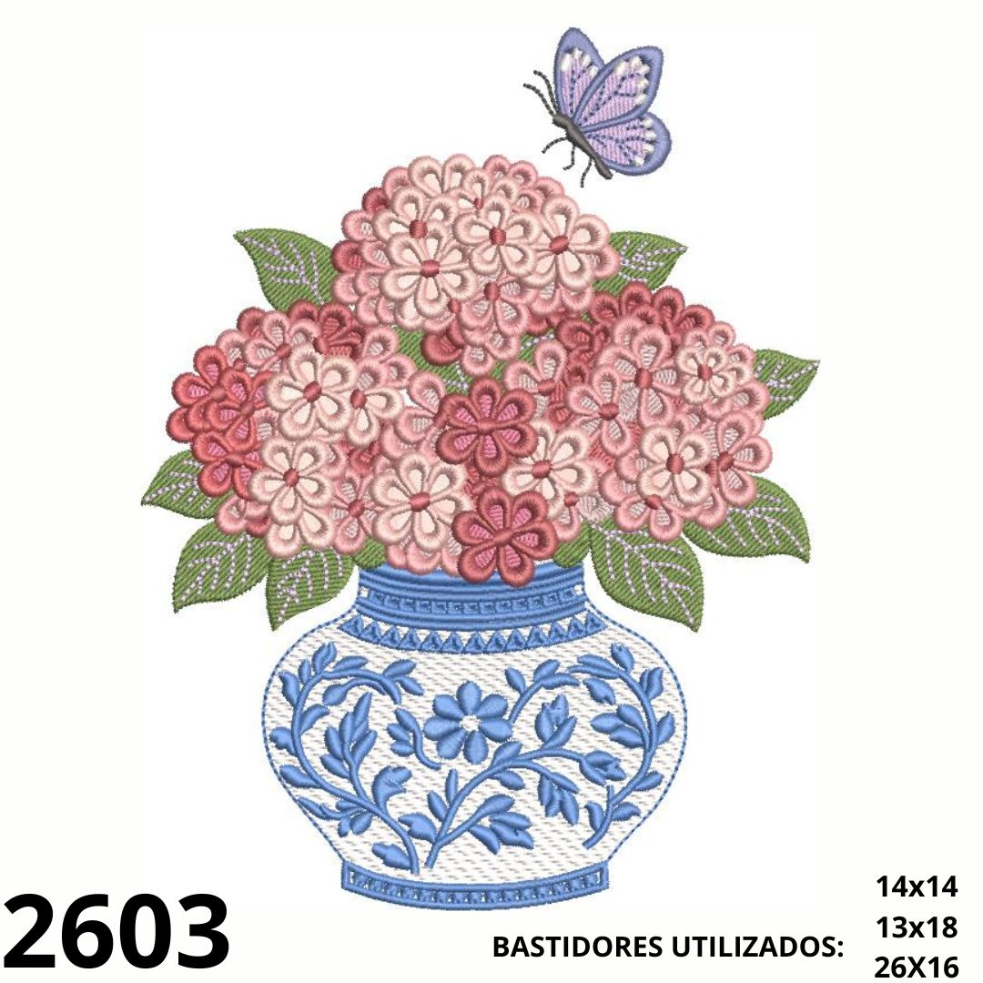 Matriz de bordado vasinho hortênsias e borboletinha
