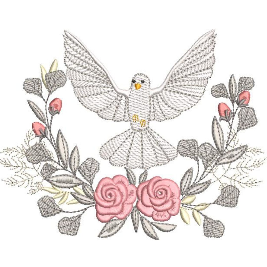 Matriz de bordado pombinho e rosas do batismo