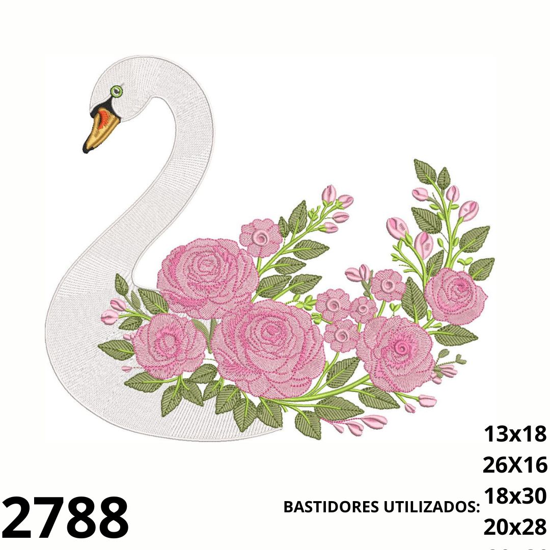 Matriz de bordado Cisne  e rosas estilizadas