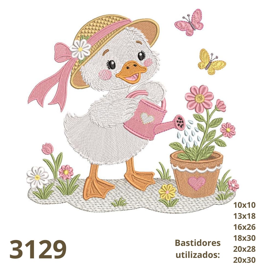 Matriz de bordado de patinho regando flores 01